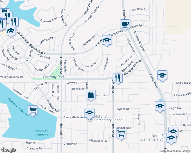 map of restaurants, bars, coffee shops, grocery stores, and more near 10996 Brener Circle in Moreno Valley