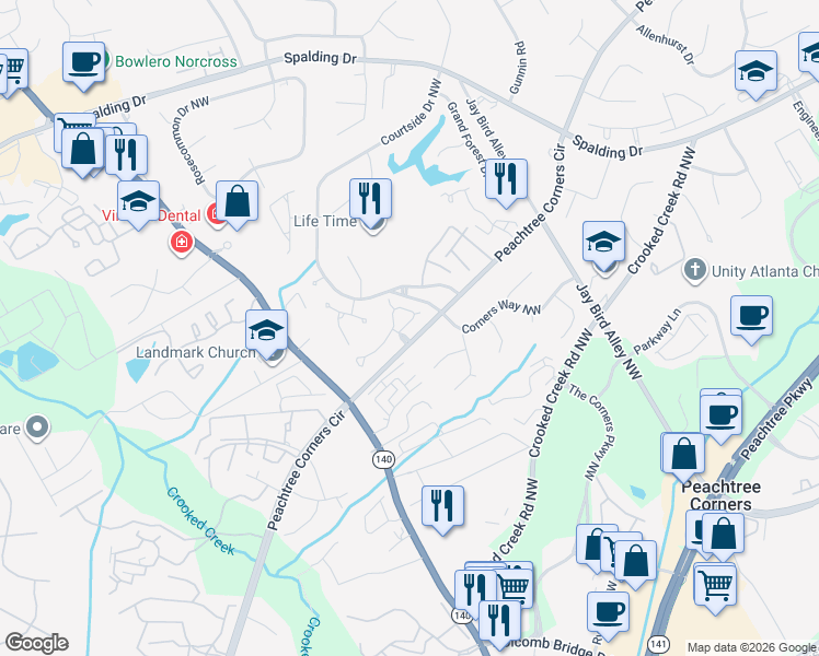 map of restaurants, bars, coffee shops, grocery stores, and more near 6103 Forest Hills Dr in Norcross