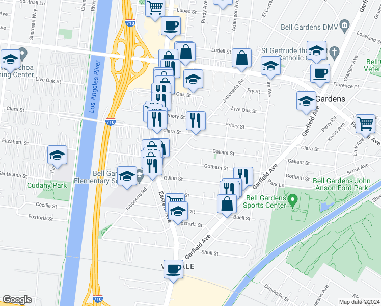 map of restaurants, bars, coffee shops, grocery stores, and more near 5916 Gallant Street in Bell Gardens