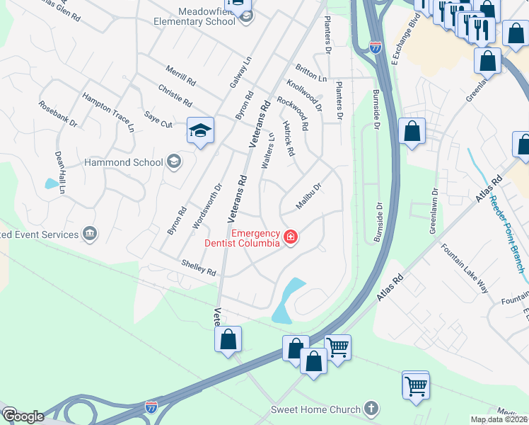 map of restaurants, bars, coffee shops, grocery stores, and more near 908 Walters Lane in Columbia