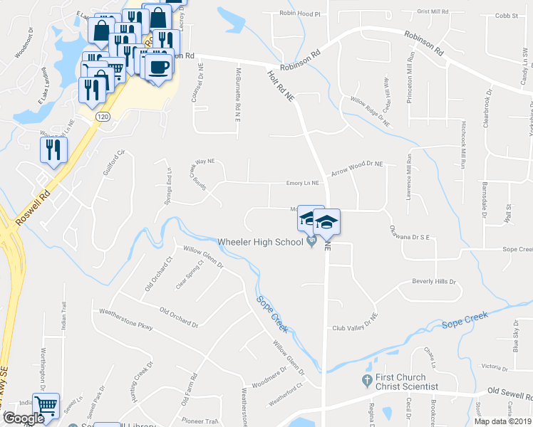 map of restaurants, bars, coffee shops, grocery stores, and more near 2412 Monterey Drive in Marietta