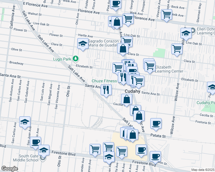 map of restaurants, bars, coffee shops, grocery stores, and more near 4447 Santa Ana Street in Cudahy