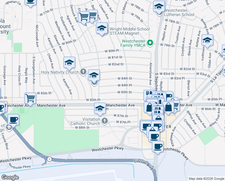map of restaurants, bars, coffee shops, grocery stores, and more near 6521 West 85th Street in Los Angeles