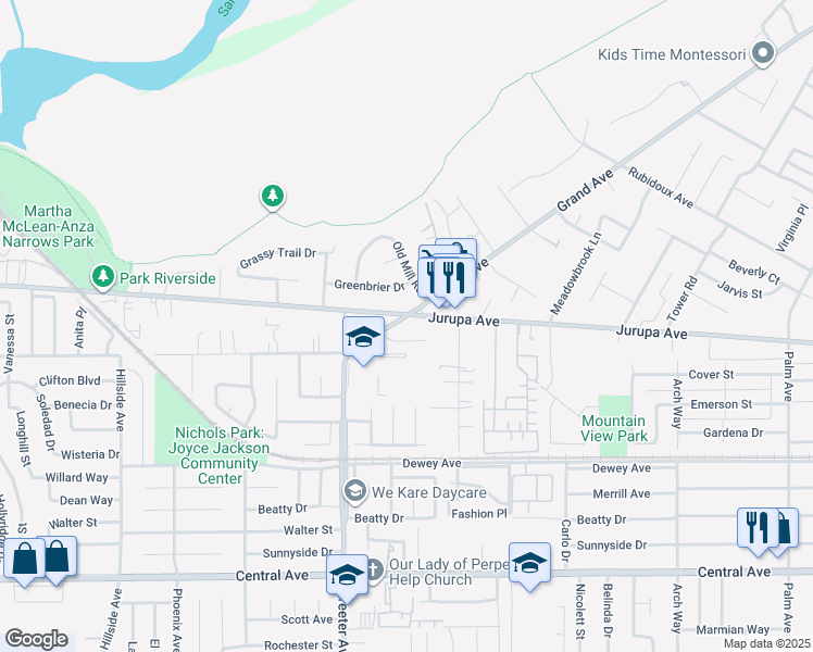 map of restaurants, bars, coffee shops, grocery stores, and more near 6012 Grand Avenue in Riverside