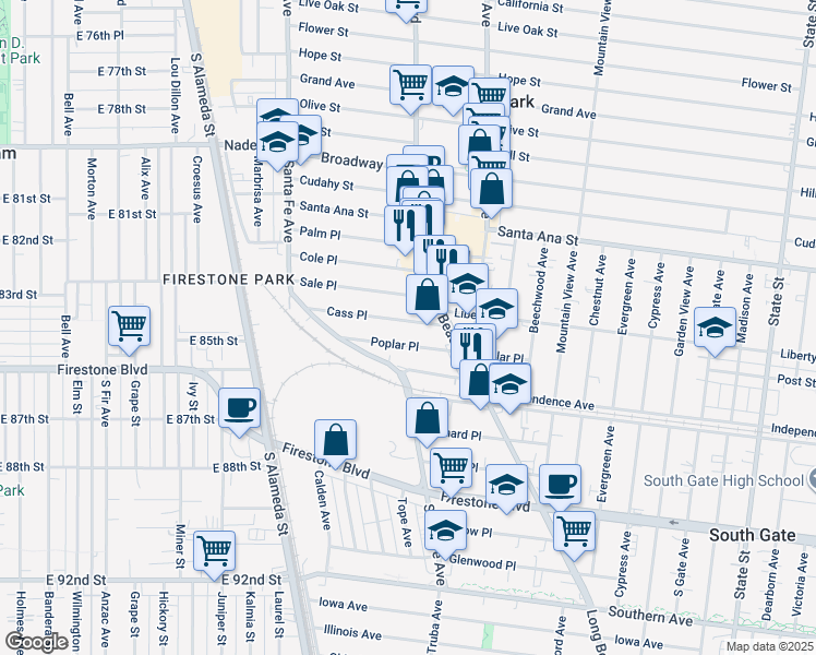 map of restaurants, bars, coffee shops, grocery stores, and more near 2546 Cass Place in Huntington Park