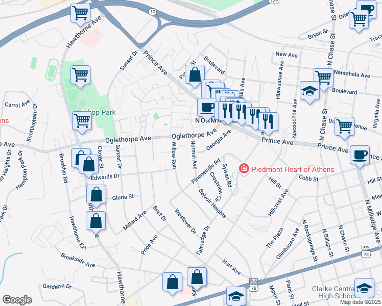 map of restaurants, bars, coffee shops, grocery stores, and more near 222 Normal Avenue in Athens