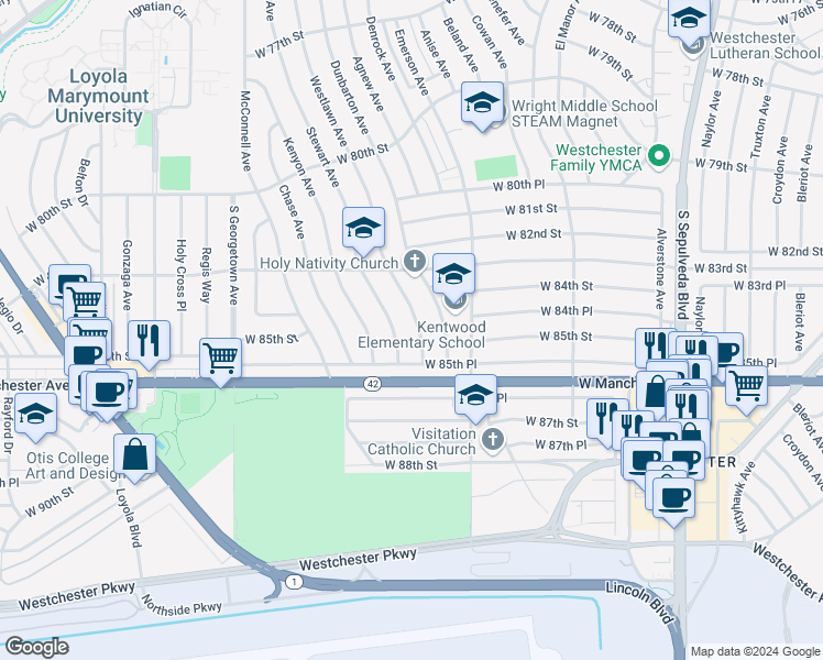 map of restaurants, bars, coffee shops, grocery stores, and more near 8357 Westlawn Avenue in Los Angeles