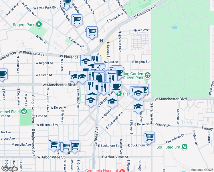 map of restaurants, bars, coffee shops, grocery stores, and more near 206 South Locust Street in Inglewood