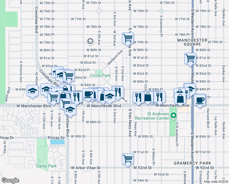 map of restaurants, bars, coffee shops, grocery stores, and more near 8457 Byrd Avenue South in Inglewood