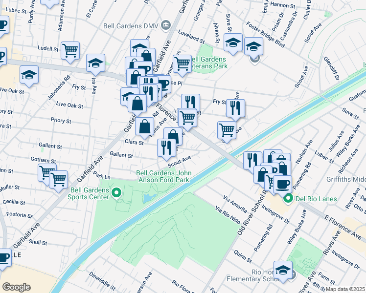 map of restaurants, bars, coffee shops, grocery stores, and more near 6623 Clara Street in Bell Gardens