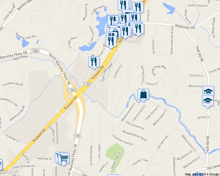 map of restaurants, bars, coffee shops, grocery stores, and more near 451 Guilford Cir in Marietta