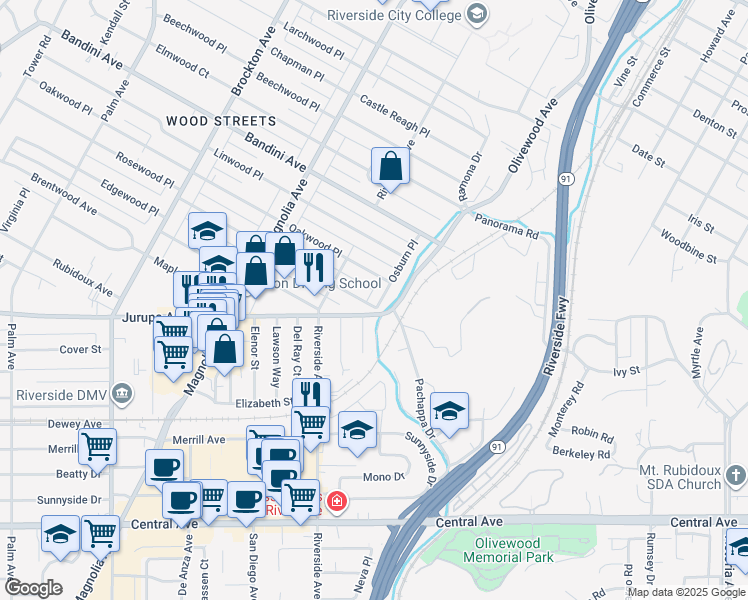 map of restaurants, bars, coffee shops, grocery stores, and more near 5677 Osburn Pl in Riverside