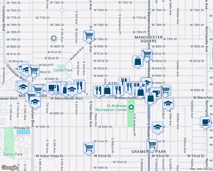 map of restaurants, bars, coffee shops, grocery stores, and more near 2058 West 84th Place in Los Angeles