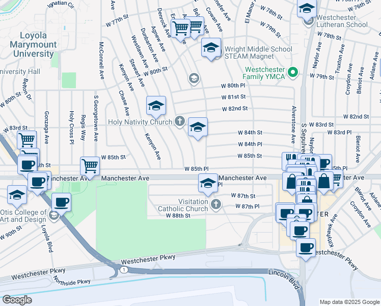 map of restaurants, bars, coffee shops, grocery stores, and more near 8365 Dunbarton Avenue in Los Angeles