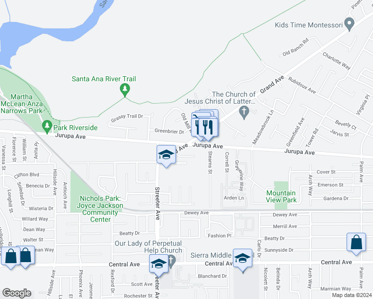 map of restaurants, bars, coffee shops, grocery stores, and more near 6012 Grand Avenue in Riverside
