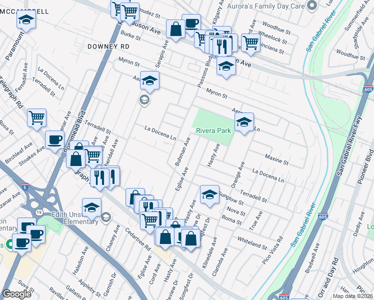 map of restaurants, bars, coffee shops, grocery stores, and more near 8312 Buhman Avenue in Pico Rivera