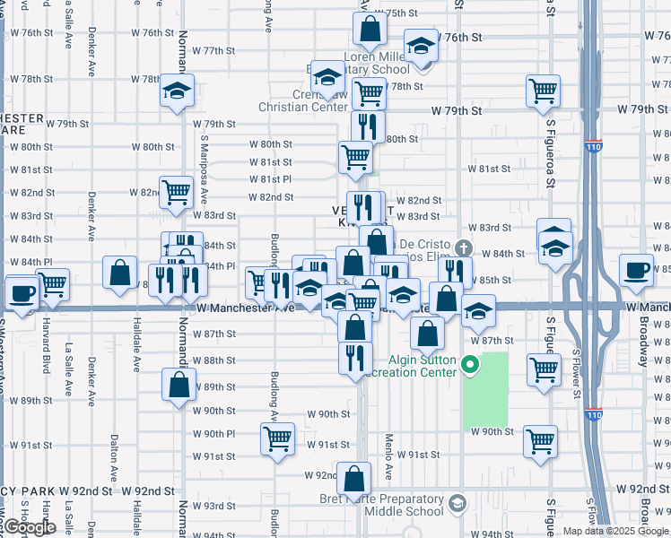 map of restaurants, bars, coffee shops, grocery stores, and more near 1032 West 84th Place in Los Angeles