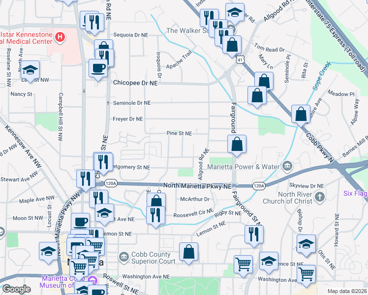 map of restaurants, bars, coffee shops, grocery stores, and more near 414 Edwards Drive Northeast in Marietta