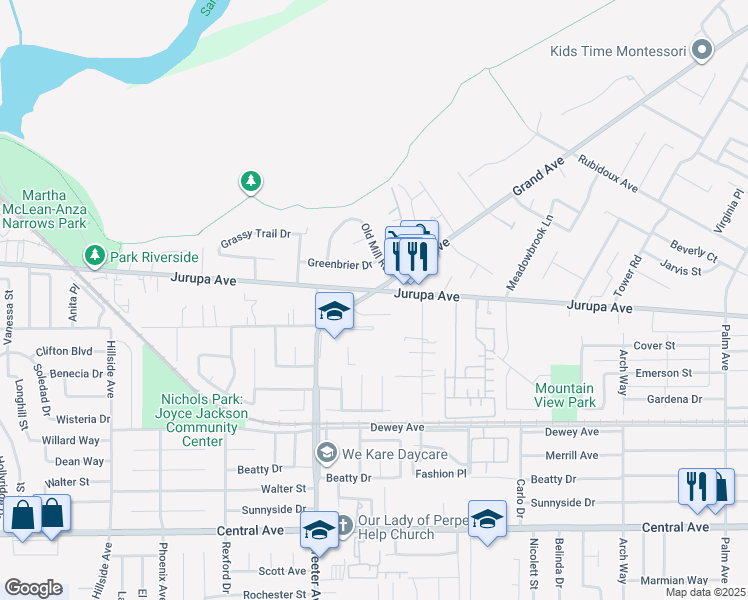 map of restaurants, bars, coffee shops, grocery stores, and more near 6012 Grand Avenue in Riverside