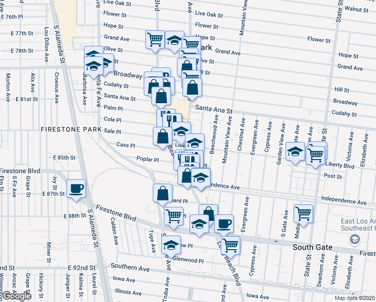 map of restaurants, bars, coffee shops, grocery stores, and more near 2704 Liberty Boulevard in South Gate