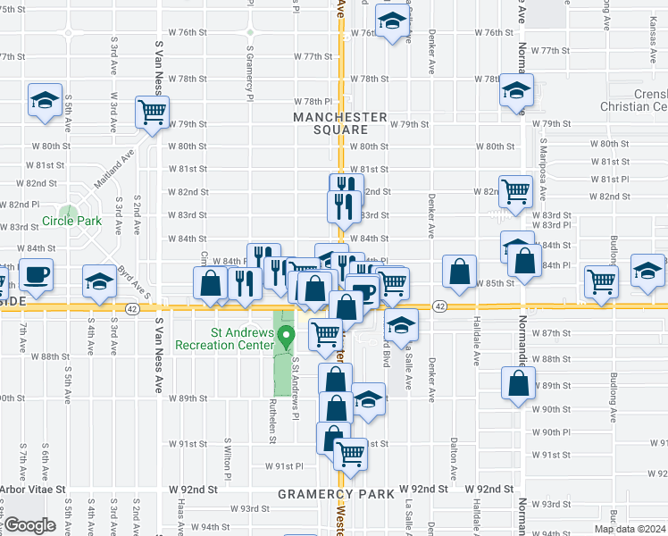 map of restaurants, bars, coffee shops, grocery stores, and more near 8459 South Western Avenue in Los Angeles
