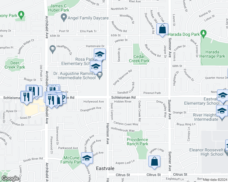 map of restaurants, bars, coffee shops, grocery stores, and more near 6976 Song Sparrow Road in Corona