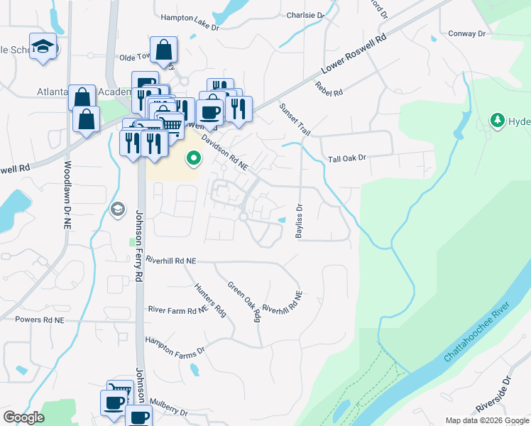 map of restaurants, bars, coffee shops, grocery stores, and more near 402 Park Ridge Circle in Marietta