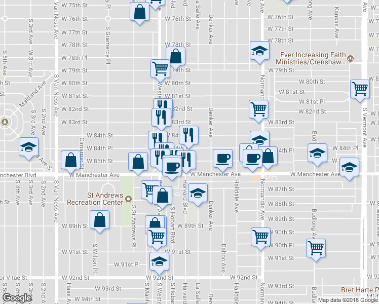 map of restaurants, bars, coffee shops, grocery stores, and more near 1652 West 84th Place in Los Angeles