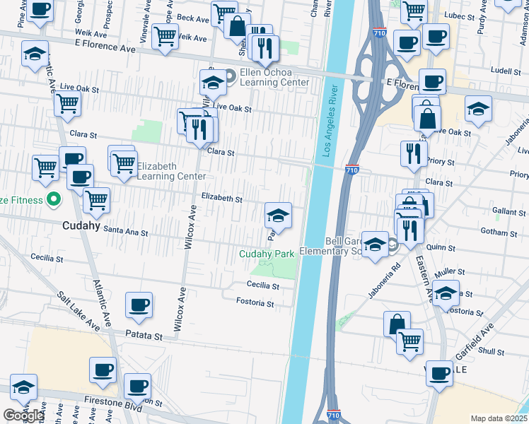 map of restaurants, bars, coffee shops, grocery stores, and more near 5212 1/2 Elizabeth Street in Bell Gardens