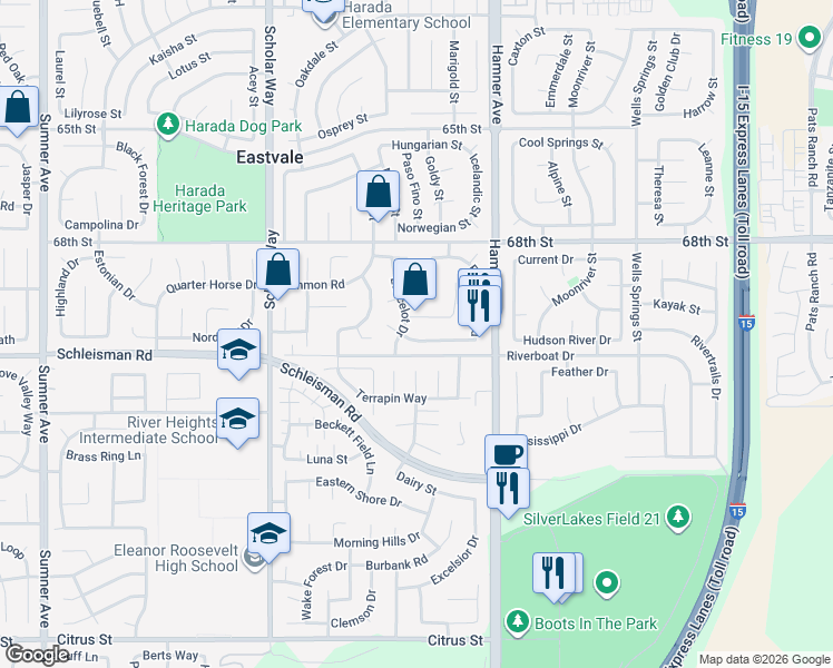map of restaurants, bars, coffee shops, grocery stores, and more near 12860 Thornbury Lane in Corona