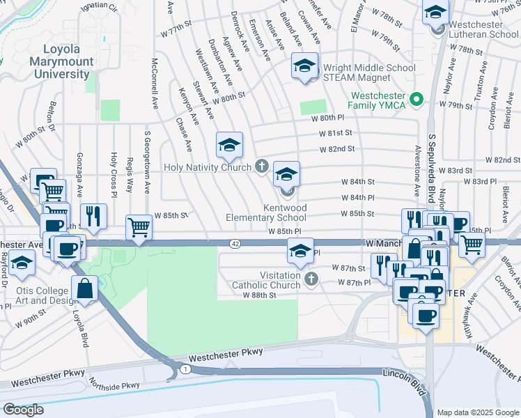map of restaurants, bars, coffee shops, grocery stores, and more near 8357 Westlawn Avenue in Los Angeles