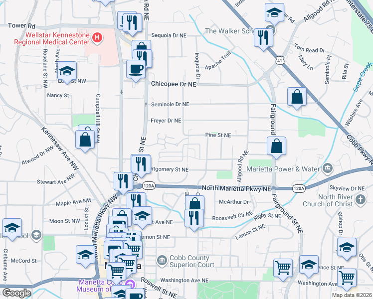 map of restaurants, bars, coffee shops, grocery stores, and more near 429 Hunt Street Northeast in Marietta