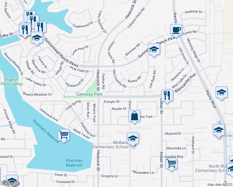 map of restaurants, bars, coffee shops, grocery stores, and more near 24125 Pleasant Run Road in Moreno Valley