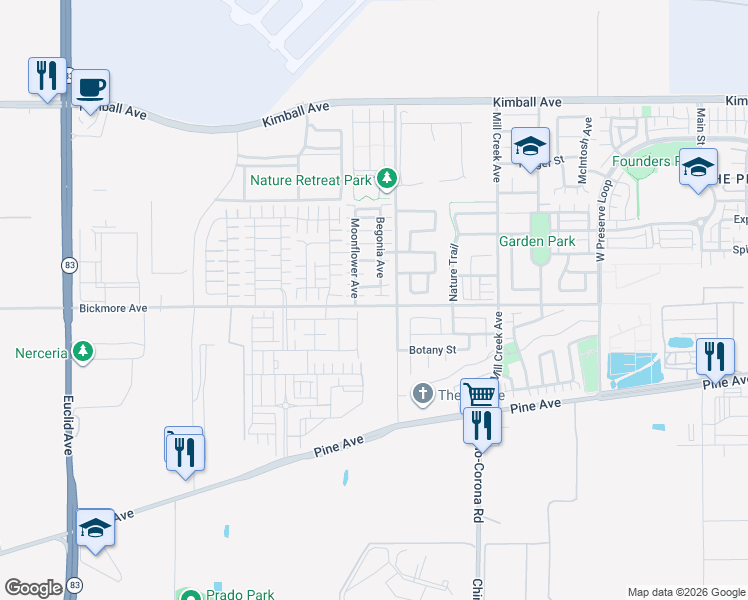 map of restaurants, bars, coffee shops, grocery stores, and more near 16090 Begonia Avenue in Chino