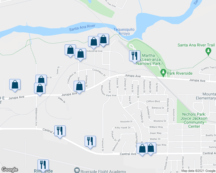 map of restaurants, bars, coffee shops, grocery stores, and more near 6049 Fremont Street in Riverside