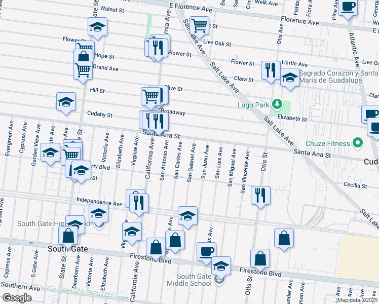 map of restaurants, bars, coffee shops, grocery stores, and more near 8133 San Gabriel Avenue in South Gate