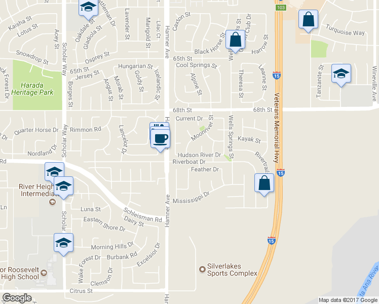 map of restaurants, bars, coffee shops, grocery stores, and more near 6964 Moonriver Street in Eastvale