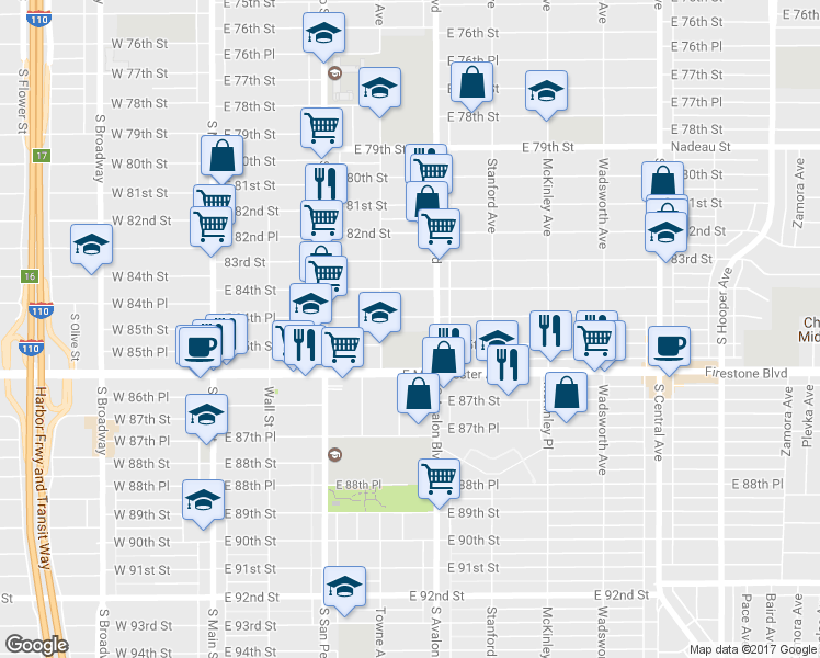 map of restaurants, bars, coffee shops, grocery stores, and more near 432 East 84th Place in Los Angeles