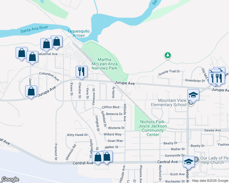 map of restaurants, bars, coffee shops, grocery stores, and more near 6038 Anita Place in Riverside