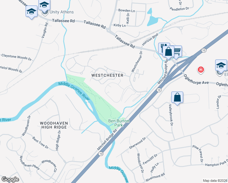map of restaurants, bars, coffee shops, grocery stores, and more near 205 Westchester Circle in Athens