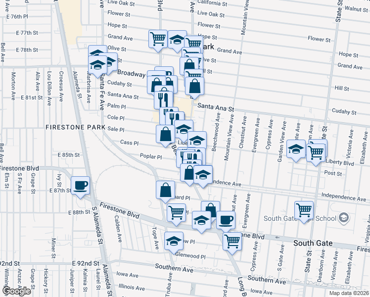map of restaurants, bars, coffee shops, grocery stores, and more near 8415 Seville Avenue in South Gate