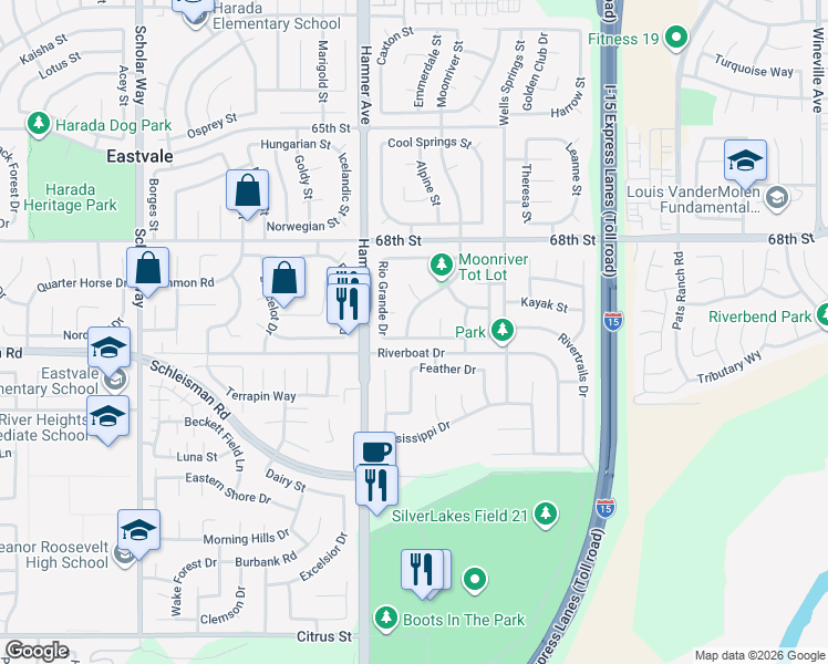 map of restaurants, bars, coffee shops, grocery stores, and more near 6964 Moonriver Street in Eastvale