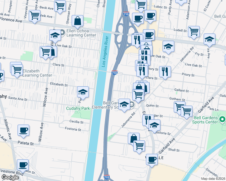 map of restaurants, bars, coffee shops, grocery stores, and more near 7887 Bell Gardens Avenue in Bell Gardens