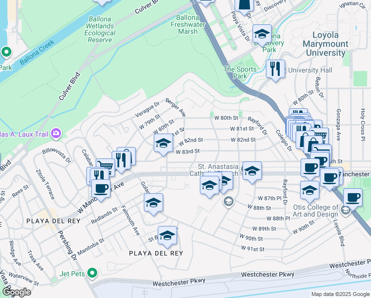 map of restaurants, bars, coffee shops, grocery stores, and more near 7625 West 83rd Street in Los Angeles