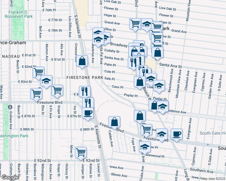 map of restaurants, bars, coffee shops, grocery stores, and more near 8436 Santa Fe Avenue in Huntington Park