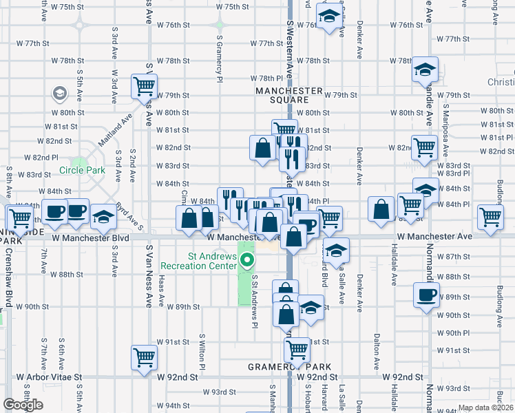 map of restaurants, bars, coffee shops, grocery stores, and more near 1858 West 84th Place in Los Angeles