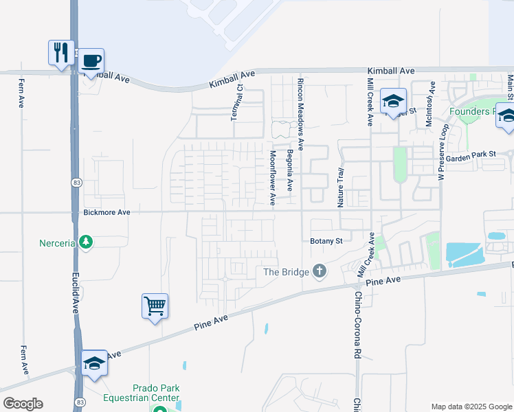 map of restaurants, bars, coffee shops, grocery stores, and more near 16087 Osprey Avenue in Chino
