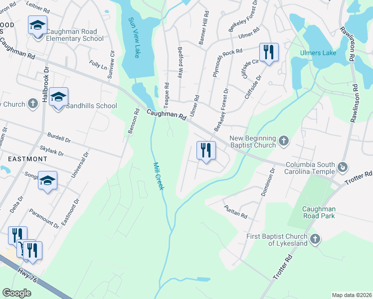 map of restaurants, bars, coffee shops, grocery stores, and more near 416 Guard Tower Ln in Columbia