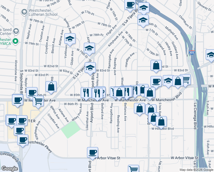 map of restaurants, bars, coffee shops, grocery stores, and more near 8425 Ramsgate Avenue in Los Angeles