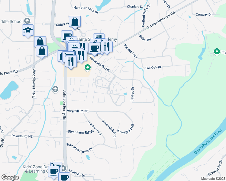map of restaurants, bars, coffee shops, grocery stores, and more near 201 Park Ridge Circle in Marietta